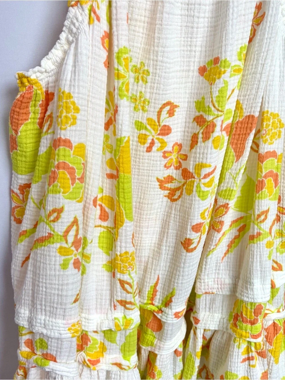 Free People Fleur Dress Top Sz M Cotton Gauze Tiered Tie Shoulder Boho Cottage